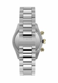 Orologio in acciaio inox argento presenta un bracciale con maglie lucide e spazzolate, cassa ottagonale e dettagli dorati sulla corona.