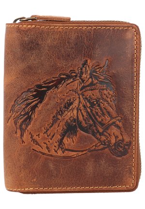 Brown leather wallet featuring a detailed embossed horse design. Zipper closure and contrasting stitching complete the design.
