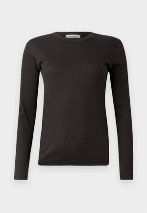 Camiseta de manga larga negra de canalé con cuello redondo, hecha de una tela suave, con un diseño básico sin adornos ni patrones.