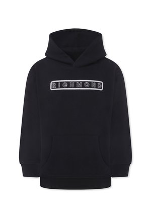 Sweatshirt à capuche noire en tissu doux, doté d'une poche frontale et d'un logo "RICHMOND" brodé en couleurs contrastées sur la poitrine.