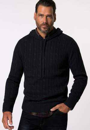 Marineblauwe gebreide hoodie met kabelpatroon, voorzien van een capuchon met trekkoord en geribde manchetten. Gestructureerde stof en slanke pasvorm.