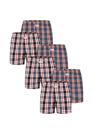 Sei boxer a fantasia scozzese in blu, rosso, nero e beige, disposti in due gruppi di colori alternati su sfondo bianco.