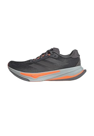 Dark gray running shoe with three stripes on the side, light gray midsole, and orange accents on sole and laces.