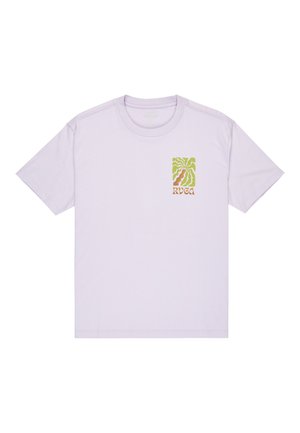 T-shirt en coton lavande clair avec un petit logo graphique multicolore sur la poitrine gauche, des manches courtes et un design classique à col rond.
