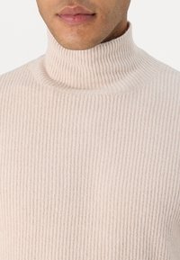 Hellbeige gerippter Rollkragenpullover mit eng anliegendem Hals, aus weichem, strukturiertem Stoff, der vertikale Streifen für zusätzlichen Detailreichtum aufweist.