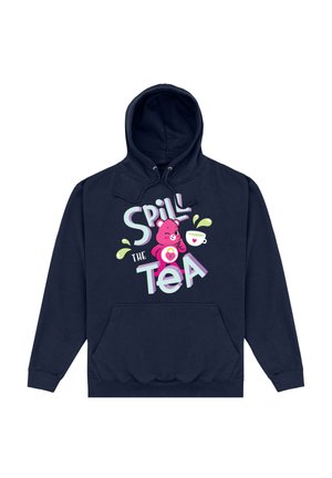 Granatowa bluza z kapturem z przednią kieszenią. Posiada grafikę różowego misia oraz tekst "Spill the Tea" w zabawnych czcionkach i kolorach.
