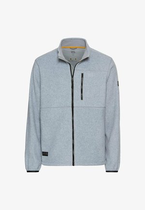 Grå fleecejakke med lynlås, ståkrave og sorte lynlåsdetaljer. Har en brystlomme og elastiske manchetter.