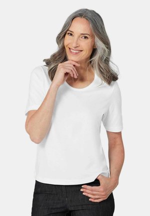 Weißes T-Shirt mit kurzen Ärmeln und rundem Ausschnitt. Aus weichem Stoff gefertigt, bietet es eine lockere Passform und saubere Kanten.