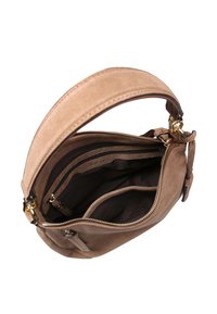 Brown suede handbag with a zippered top, single strap, and interior divided into compartments. Features gold-tone hardware and a smooth texture.