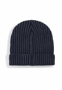 Gorro de punto azul marino con textura de canalé vertical, con puño doblado y diseño de copa sin costuras. Fabricado en material suave y elástico.