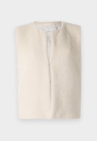 Gilet sans manches de couleur crème avec un tissu doux et texturé et un petit col rond, présenté à plat sur un fond blanc.