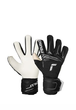 Par de guantes de portero Reusch en blanco y negro con correas de muñeca y soporte para los dedos, mostrando ambas caras, la palma y el dorso.