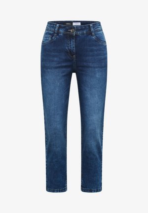 Jean en denim bleu foncé avec poches avant, fermeture par bouton et zip, et léger effet de délavage aux cuisses et aux genoux.