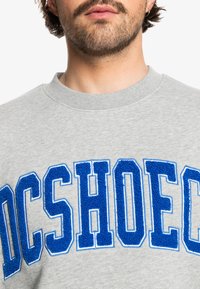 Sudadera gris con letras texturizadas en azul intenso que dicen "DC SHOES". El diseño de cuello redondo ofrece un ajuste casual y relajado.