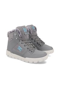 Szare wysokie buty z futerkiem, teksturowana szara cholewka, wyszywane logo, wzmocnione oczka i biała gumowa podeszwa.