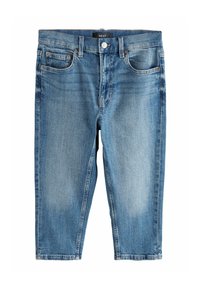 Denimshorts i ljusblått, med en klassisk femficksdesign, synliga sömmar och rak skärning. Har en knappstängning och bälteshällor.