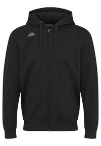 Zwarte hooded zip-up sweatshirt met een gladde textuur, voorzakken, koordjes en een klein wit logo op de linkerborst.