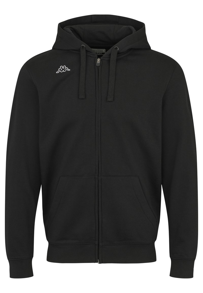 Zwarte hooded zip-up sweatshirt met een gladde textuur, voorzakken, koordjes en een klein wit logo op de linkerborst.