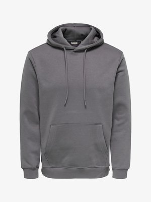 Grijze lange mouw pullover hoodie met kangaroovormige zak aan de voorkant en trekkoord aan de capuchon, gemaakt van zacht stof.