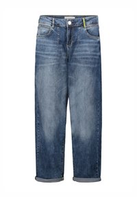 Jean en denim bleu avec devant délavé, revers roulés, bouton avant, fermeture éclair et style cinq poches, présenté sur fond blanc.