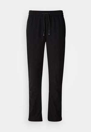 Zwarte sweatpants van een textuurstof, met een elastische tailleband en een trekkoordsluiting, rechte pijpen en zonder zichtbare patronen of accenten.