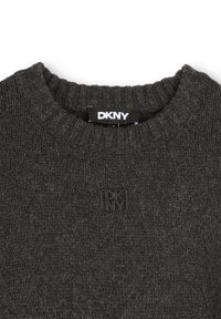 Donkergrijze gebreide trui met een geribbelde ronde hals en een klein zwart DKNY logo op de borst. Zachte textuur.