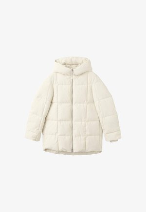 Bílá prošívaná péřová bunda s kapucí, se zapínáním na přední straně a prostornými rukávy. Hladká textura a prošívaný čtvercový vzor.