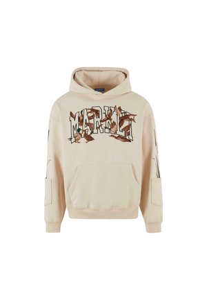 Cremefarbener Hoodie mit einer Känguru-Tasche auf der Vorderseite, floralen Stickereien, oversized Passform und einer Seitentasche am linken Ärmel. Mit Kordelzug an der Kapuze.