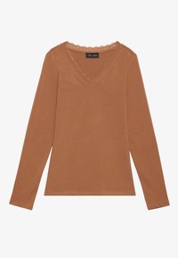 Maglietta marrone a maniche lunghe con scollatura a V e bordo in pizzo ondulato sul collo. Realizzata in tessuto morbido, presenta un design aderente.