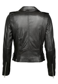Schwarze Leder-Motorradjacke mit taillierter Passform, Reißverschlussmanschetten und strukturierten Nähten. Verfügt über einen klassischen Kragen und verstellbare Seitenriemen.