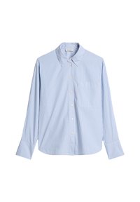Light blue striped button-up shirt made of cotton. Features a classic collar, long sleeves, and a single chest pocket.