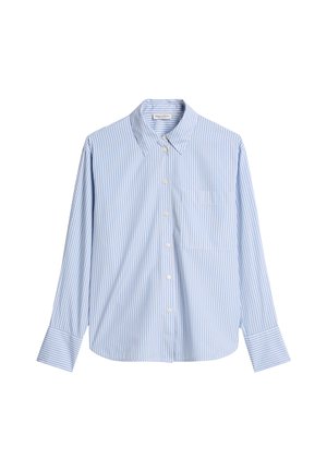 Light blue striped button-up shirt made of cotton. Features a classic collar, long sleeves, and a single chest pocket.