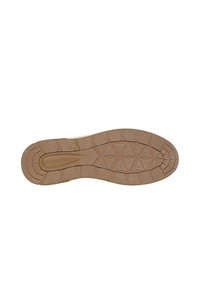 Suela de zapato de goma marrón con un patrón de rombos, tacón curvado y nombre de marca embosado "SKECHERS" en el lado.