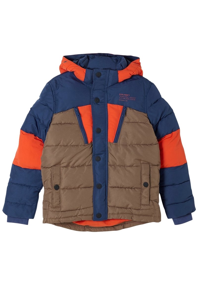 Doudoune avec un design coloré en blocs comprenant des sections bleu marine, orange et marron. Comprend une capuche, des poches zippées et des fermetures à boutons.