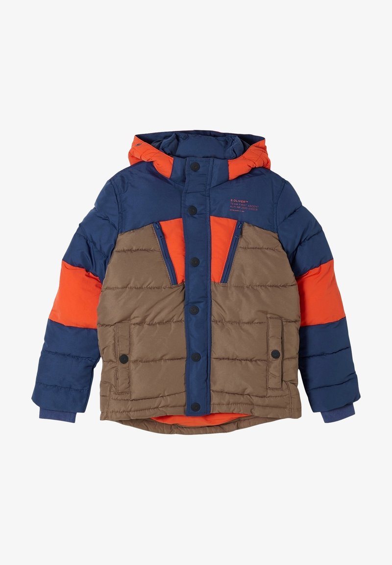 Doudoune avec un design coloré en blocs comprenant des sections bleu marine, orange et marron. Comprend une capuche, des poches zippées et des fermetures à boutons.