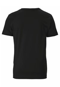 Black cotton T-shirt, crew neck, short sleeves, plain design, smooth texture, no visible logos or patterns on the back.