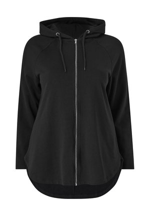 Zwarte rits hoodie met een capuchon, raglanmouwen en een afgeronde zoom. Gemaakt van zachte stof, met een trekkoord en zilveren hardware-accenten.