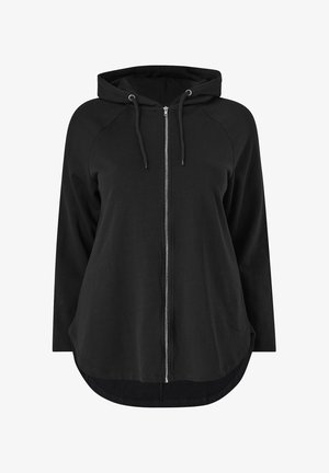 Hoodie zippé noir avec capuche, manches raglan et ourlet incurvé. Confectionné en tissu doux, doté d'un cordon de serrage et de garnitures en métal argenté.
