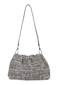 Harmaa ja valkoinen teksturoitu kangaslaukku, jossa on kerätty muotoilu, pitkä harmaa olkahihna ja hopeiset metalliosat. Laukku on pehmeä ja roikkuva malliltaan.