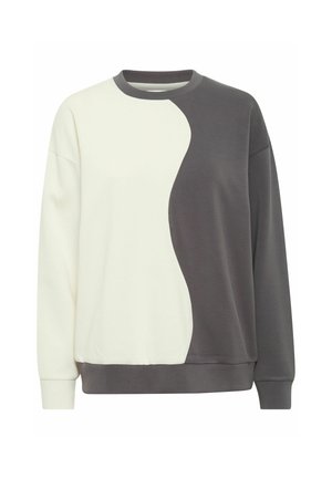 Sudadera con diseño a bloques de color; presenta secciones en crema y gris oscuro, cuello redondo, mangas largas y puños y dobladillo acanalados.