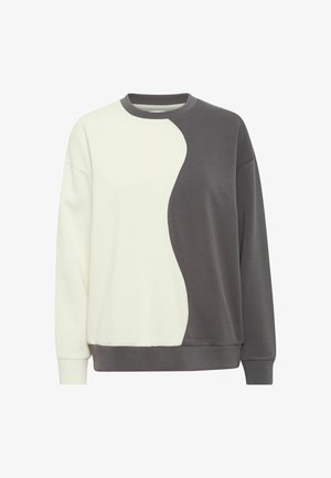 Sudadera con diseño a bloques de color; presenta secciones en crema y gris oscuro, cuello redondo, mangas largas y puños y dobladillo acanalados.