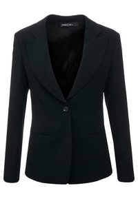 Zwarte blazer voor vrouwen met een notched lapel, enkele knoopsluiting, twee voorzakken en textuurstof. Klassiek tailleurontwerp.