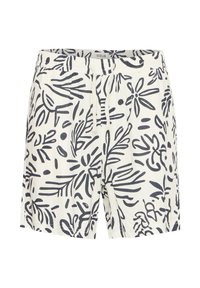 White shorts with a navy floral pattern, made of soft fabric. Features an elastic waistband, drawstring, and a relaxed fit design.