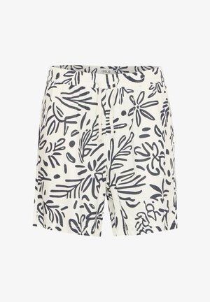 Weiße Shorts mit einem marineblauen Blumenmuster, aus weichem Stoff gefertigt. Verfügt über einen elastischen Bund, Kordelzug und ein lässiges Passform-Design.