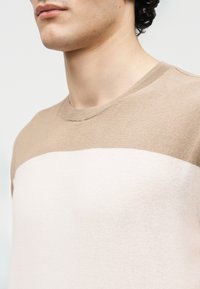 Νεαρός άνδρας που φοράει ένα μπεζ και άσπρο πουλόβερ με στρογγυλή λαιμόκοψη, εμφανίζεται από το λαιμό μέχρι το άνω μέρος του στήθους, μπροστά σε ένα απλό φόντο.