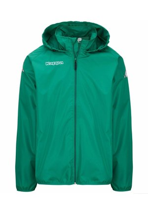 Giacca a vento verde Kappa con zip frontale, cappuccio, polsini elasticizzati e dettagli con logo sul petto e sulla spalla. Materiale morbido e leggero.