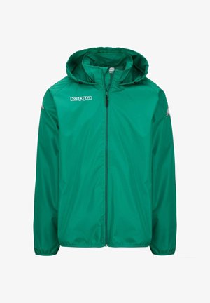 Giacca a vento verde Kappa con zip frontale, cappuccio, polsini elasticizzati e dettagli con logo sul petto e sulla spalla. Materiale morbido e leggero.