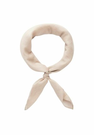 Lichtbeige katoenen neksjaal, eenvoudig gestrikt met twee losse uiteinden, weergegeven tegen een witte achtergrond.