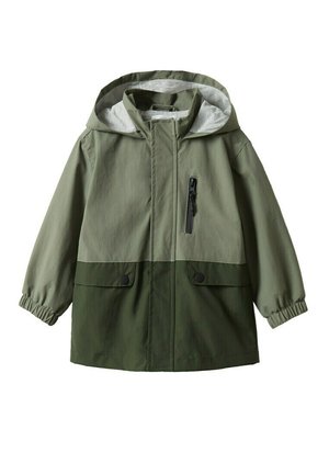 Green two-tone jacket made of lightweight fabric. Features a hood, elastic cuffs, a front zip pocket, and snap button front pockets.