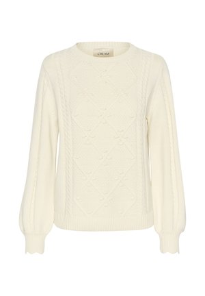 Kréma krāsu džemperis ar teksturētu kabeli adījumu, dimanta rakstiem, ribotām piedurknēm un noapaļotu kaklu. Mīksts, ērts audums.